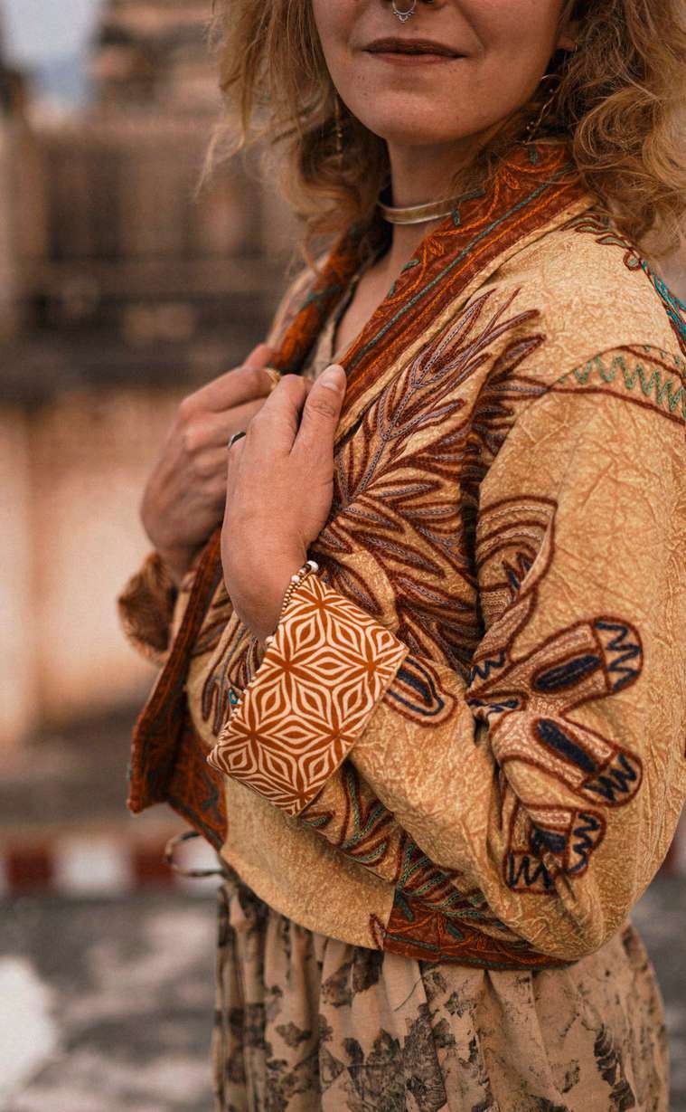 The Gypsy Coat 01, golden Kantha coat worn front