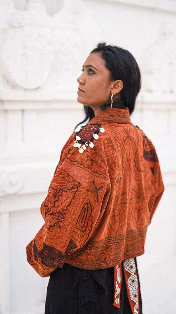 Coat 02, front view against white temple