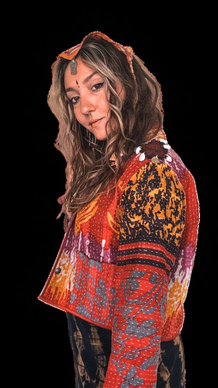 Coat 06, vibrant Kantha patchwork coat, side view
