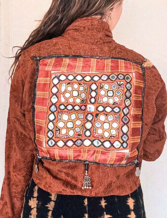 Coat 07, terracotta coat with framed mirror-work back panel