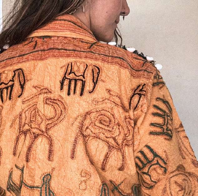 Coat 08, dark embroidered coat with olive mirror-work panel