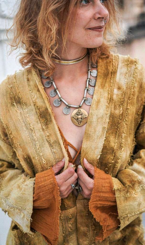 The Wizard Cloak 10, golden jute shibori cloak with coin necklace