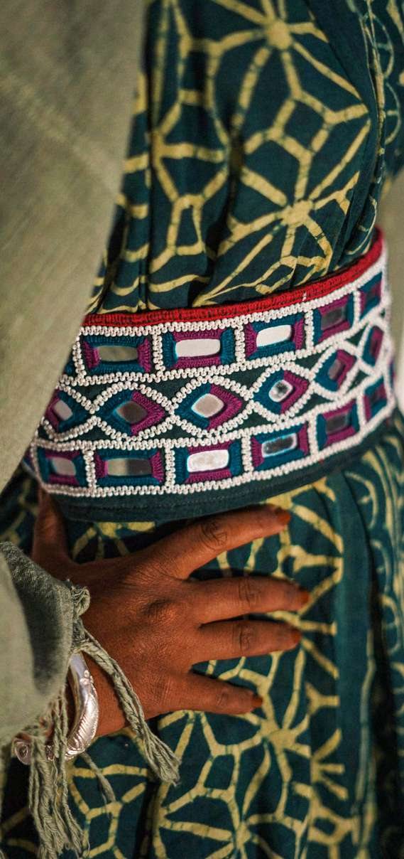 The Gypsy Belt 12, green dabu print belt with mirror work at the waist