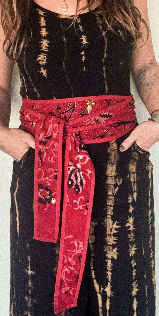 The Gypsy Belt 13, red wrap belt tied over a tie-dye dress