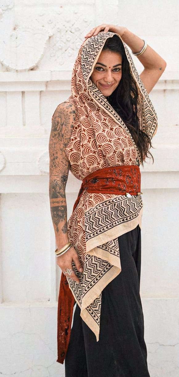 The Nomad Shawl 14, hooded block-printed mulmul shawl