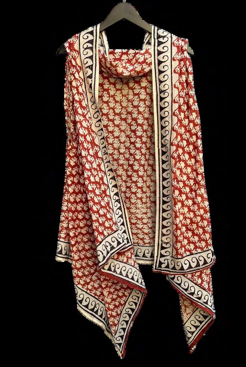The Nomad Shawl 16, madder-red and black block-print shawl