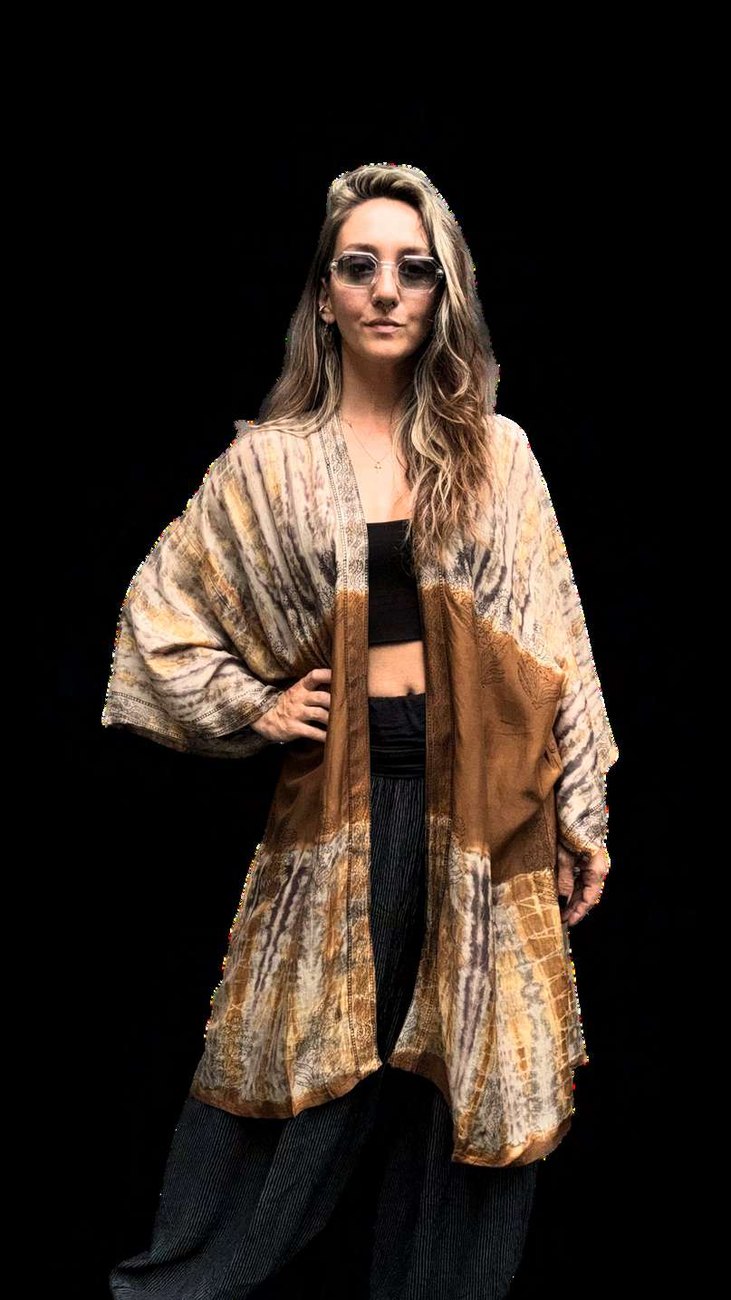 Silk Shibori Robe 18, earth-toned silk robe worn open