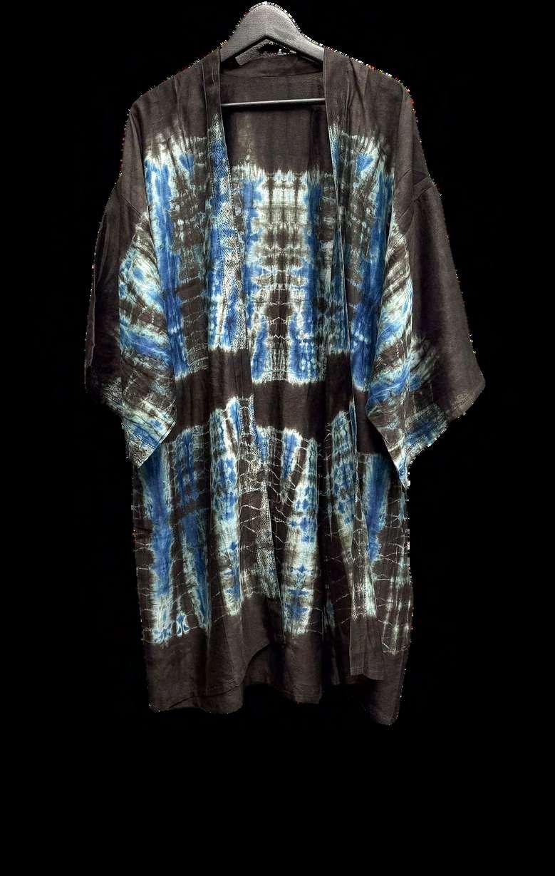 Silk Shibori Robe 19, indigo and stone tie-dyed silk robe
