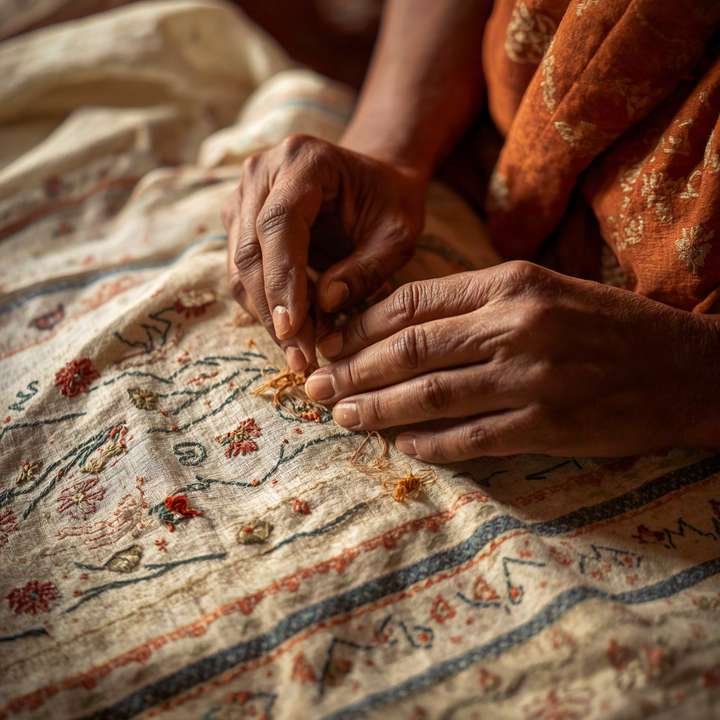 Artisan hands hand-stitching a quilted textile